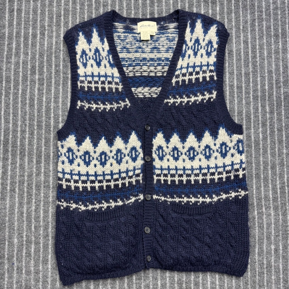 Eddie Bauer Mens Sweater Vest M Navy Blue Wool Fair Isle Cable Knit Vintage